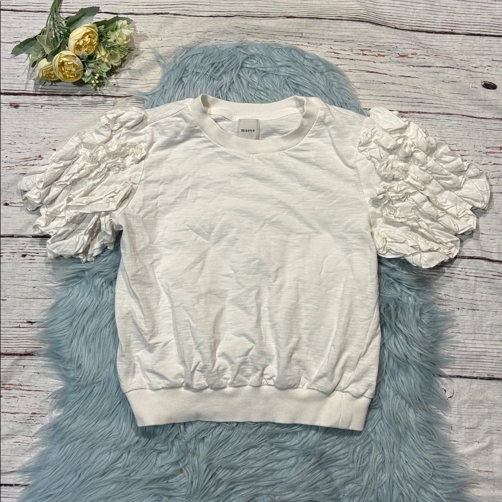 Anthropologie Maeve Ruffled Puff-sleeve Tee In White